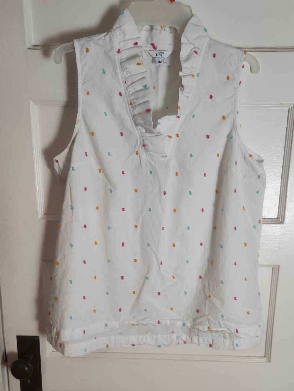 crown & ivy White Sleeveless Top with Pink, Teal and Mustard Dot Print